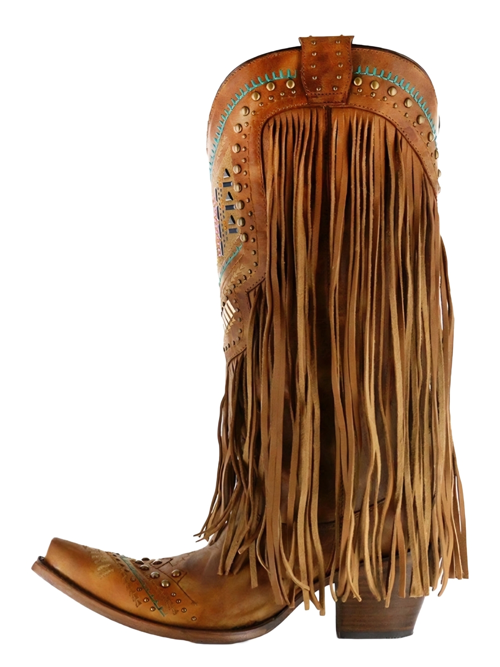 Fringed Western Heeled Boots in Brown with Turquoise Accents